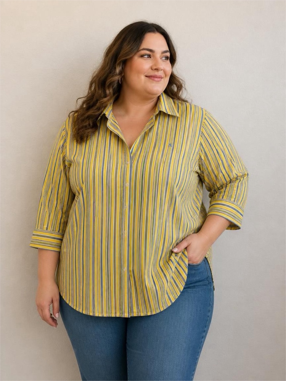 Lauren Ralph Lauren Yellow and Navy Striped Button-Front Blouse All Cotton